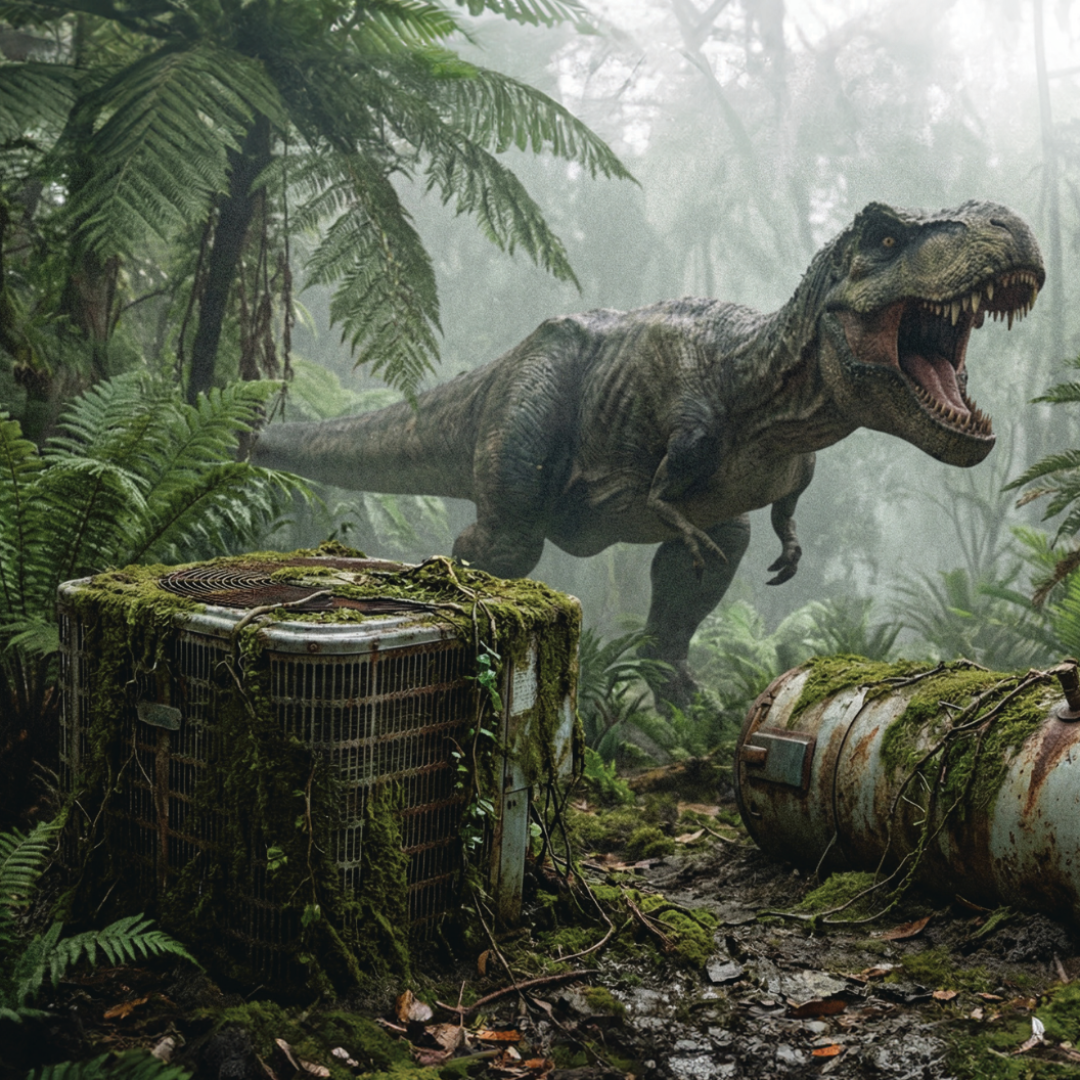 dinosaur next to old rusty hvac system